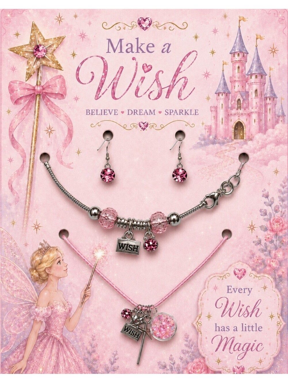 Make a Wish Fairy Godmother Charm Pink Necklace Bracelet Earrings Set